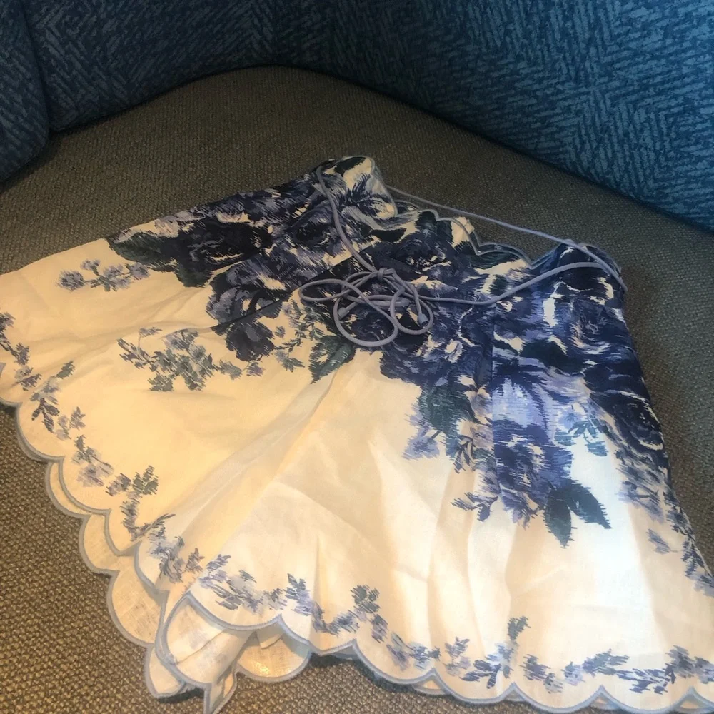 Zimmermann White Shorts with Blue Floral Scallop Hem - Picture 1 of 8